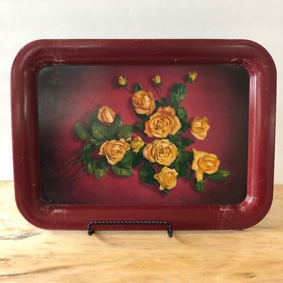 Vintage Red Metal Serving Tray w/ Yellow Roses - Picture 1 of 7